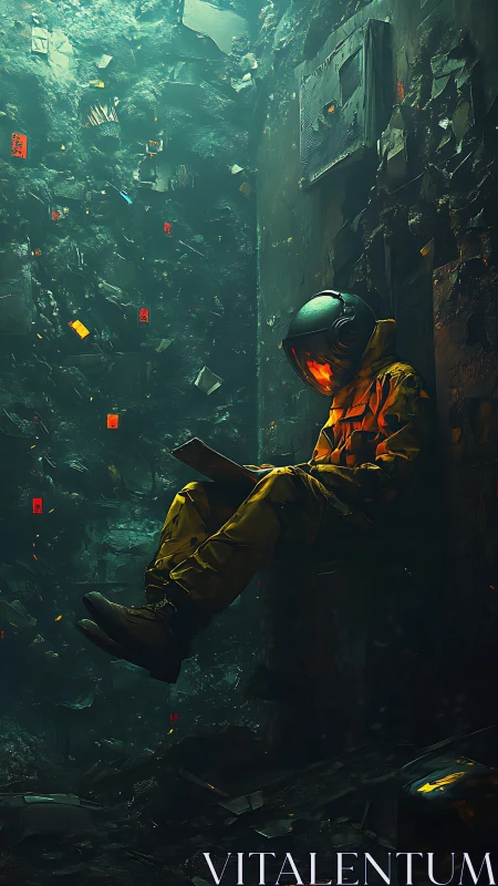 Solitary astronaut reader in submerged debris-lit corridor.