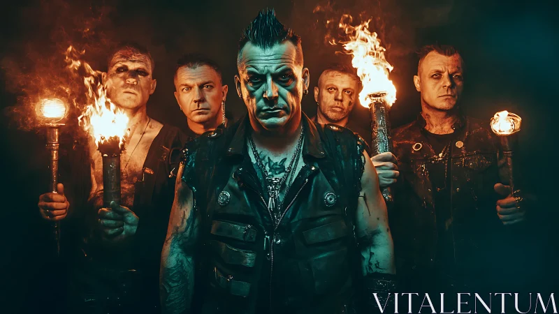 Industrial rock band stands with blazing torches, teal glow.