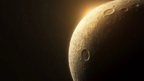 Sunrise grazes a cratered lunar frontier in quiet gold.