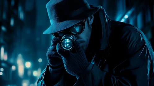 Nocturnal telephoto surveillance operative in cyan chiaroscuro.