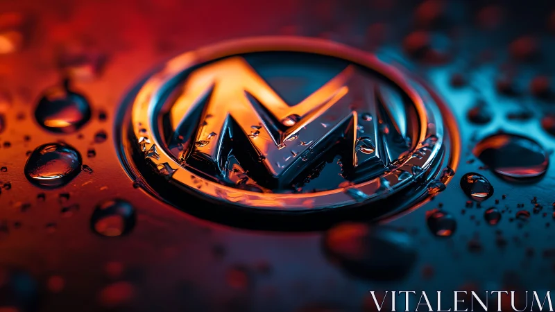 Liquid neon emblem glows under stormy droplets of light.