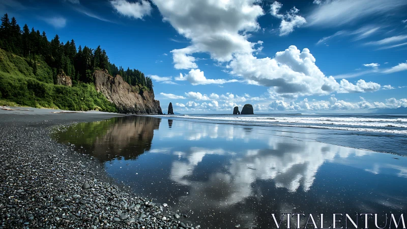 Calm rocky shoreline under bright clouds and mirrored waves.