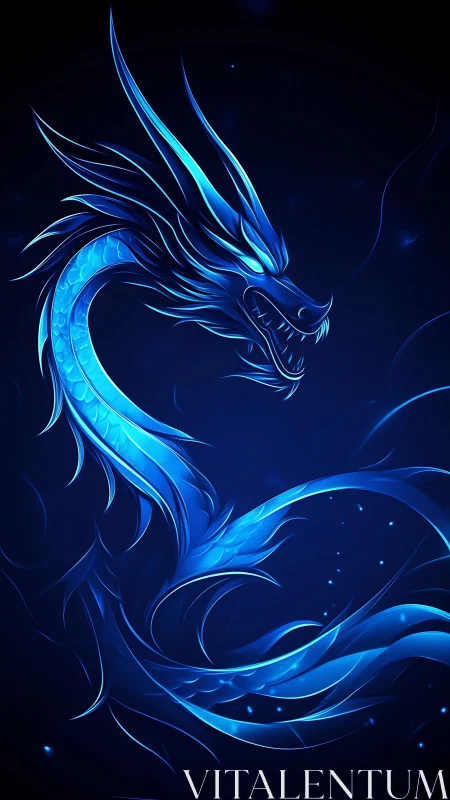 Luminous blue dragon swirling through a dreamy night sky.