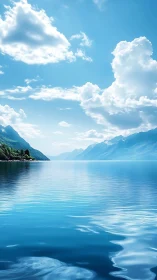 Calm mountain lake rests under wide blue skies and clouds