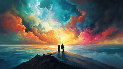 Twin silhouettes greeting a storm of molten sky color.