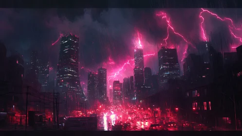 Electrified cyberpunk megacity skyline under magenta stormfront
