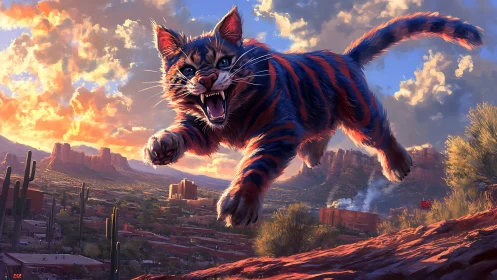 Giant striped cat leaps over desert city at sunset sky