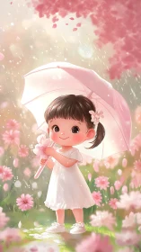 Child with white umbrella in pink flower garden scene.