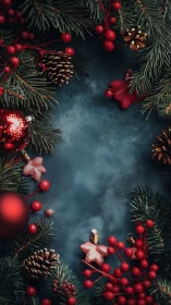 Festive evergreen border with red ornaments and pinecones.
