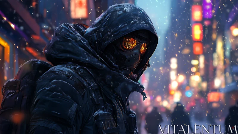 Mysterious hooded wanderer walks through neon winter streets