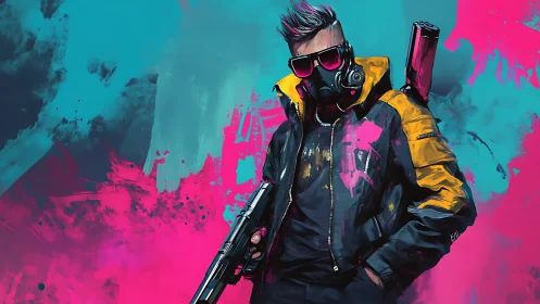 Neon-masked cyberpunk operative in magenta teal spray chaos.