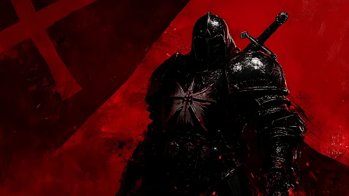 Black armored knight against blood red battlefield storm.