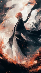 Storm-forged swordsman walking through celestial embers.