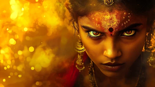 Intense goddess portrait in molten gold bokeh field.