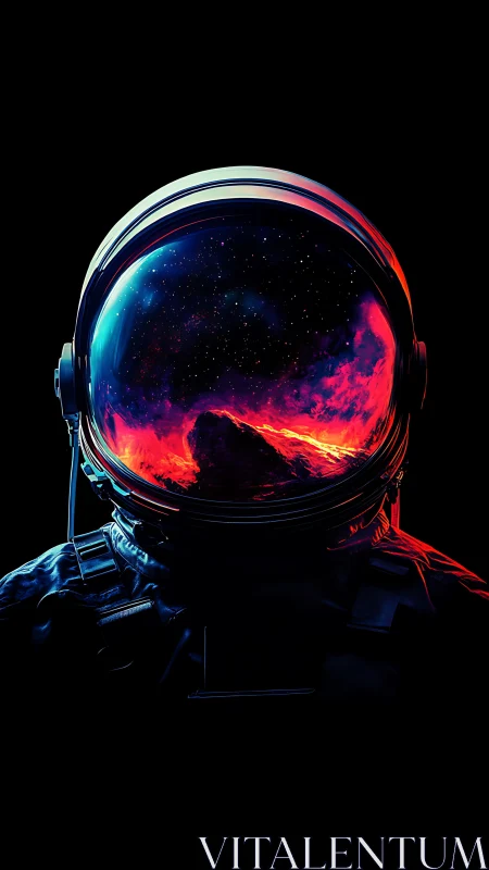 Astronaut helmet with vivid cosmic landscape reflection.