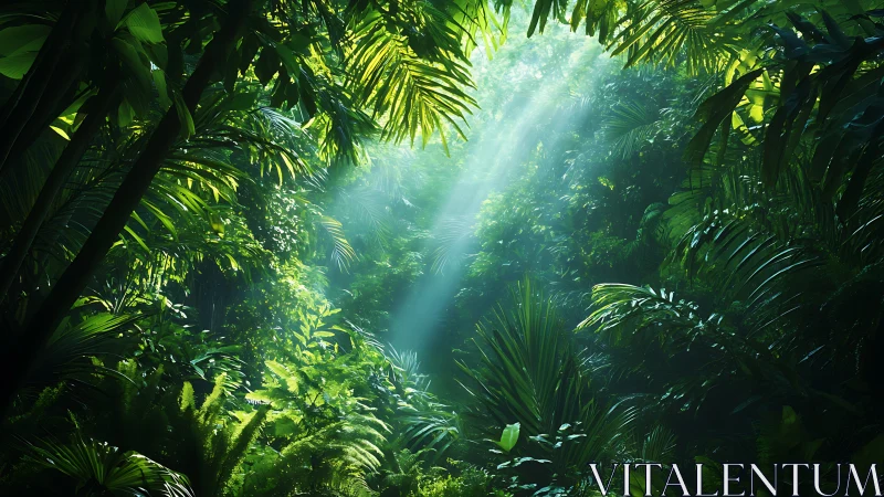 Tropical forest canopy with light rays penetrating dense vegetation