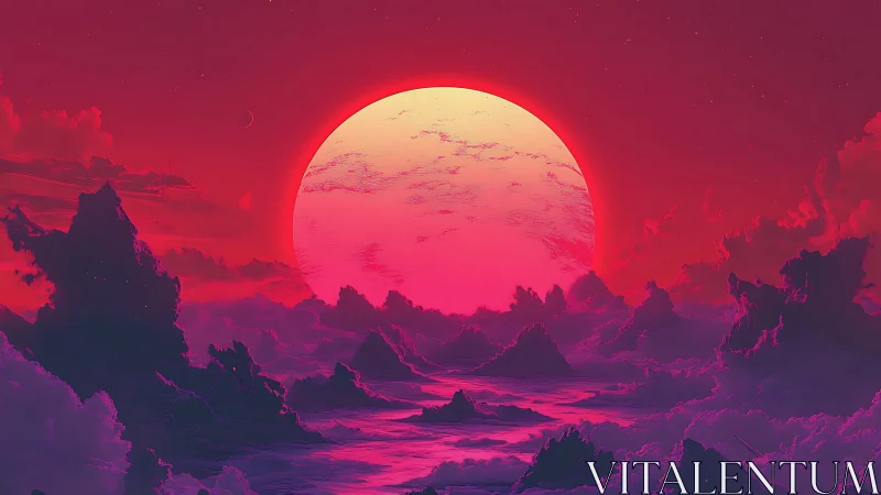 Neon-graded alien seascape with oversized sun and volumetric clouds