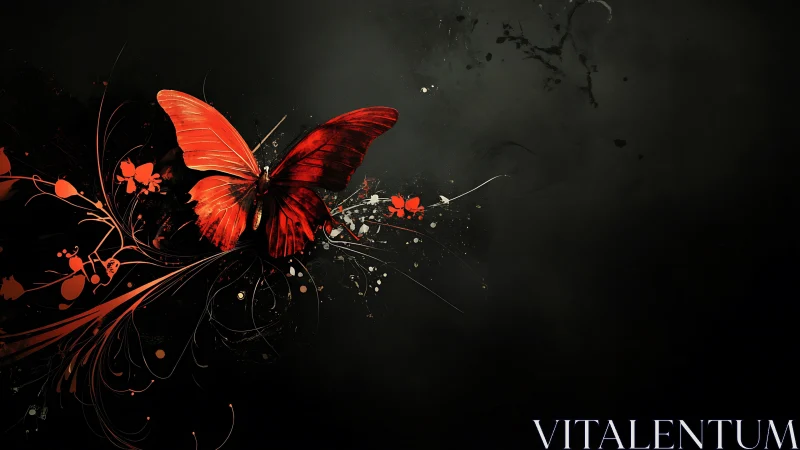 Red butterfly emerges from abstract floral splashes on black