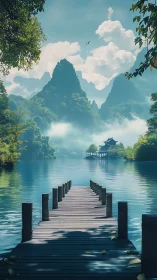 Quiet wooden pier walks into mist-wrapped jade mountains