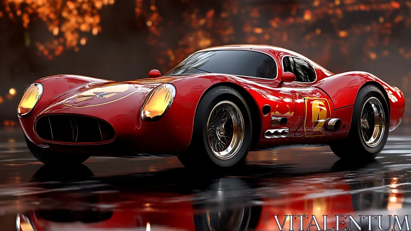 Curvy red race car gleams on wet pavement in warm light