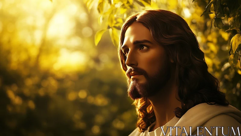 Serene robed figure gazes through golden forest light.