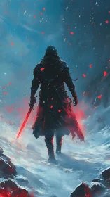 Lone hooded warrior strides through frozen inferno of snow