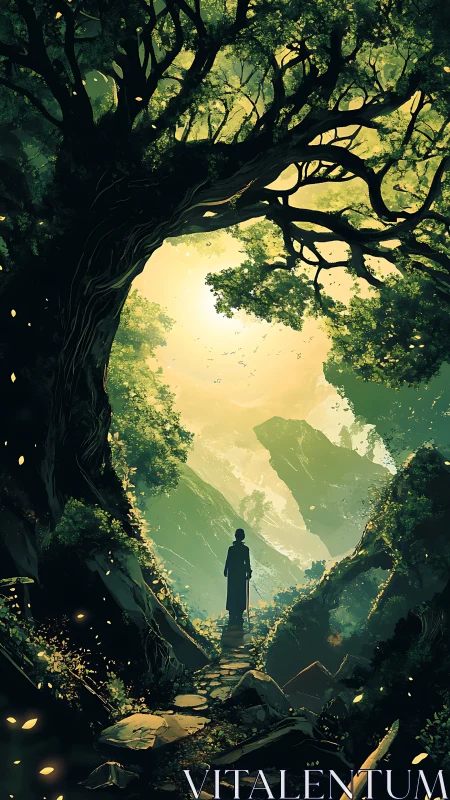 Wanderer beneath the emerald canopy doorway to dawn.