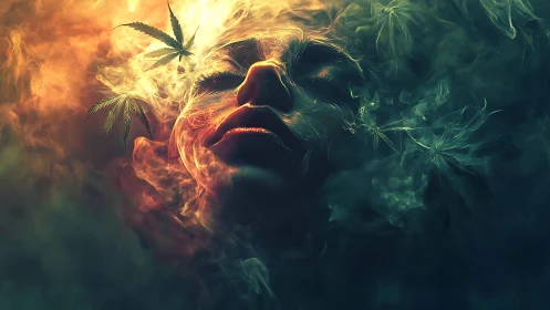 Human face dissolves into smoky cannabis leaves and light