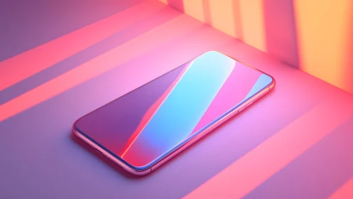 Modern smartphone on pastel surface with vibrant neon lighting.