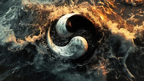 Yin yang marble sculpture rotating in stormy water.