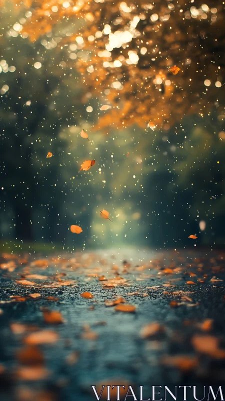 Falling autumn leaves over wet forest path at dusk