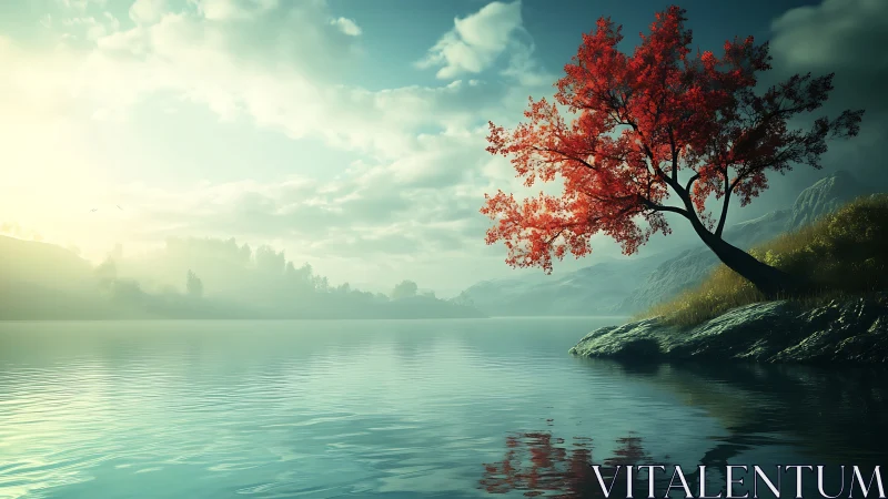 Solitary red tree leans over misty lake at tranquil sunrise