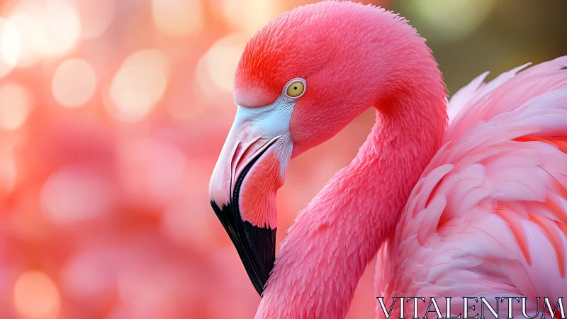 Vibrant close-up of pink flamingo with soft bokeh background.