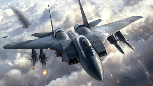 Twin-seat fighter jet in active cloudy air combat scene.