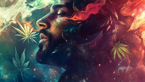 Dreamy cosmic portrait wrapped in swirling neon smoke.