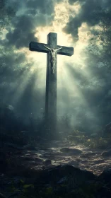 Lone stone crucifix drinking dawnlight in a misted forest.