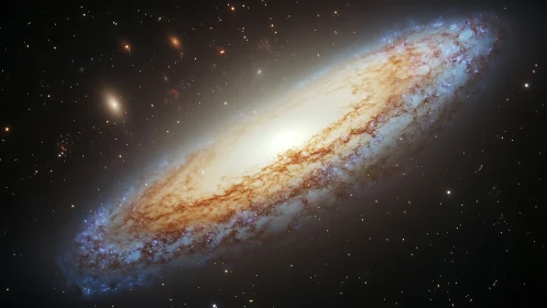 Edge-on spiral galaxy with bright core and star field backdrop.