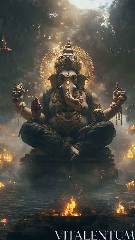 Ganesh figure in seated pose amid fire and water environment.