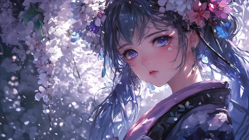 Anime floral portrait with luminous bokeh and soft rim lighting.