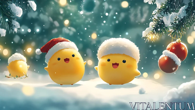 Joyful yellow chicks share a magical snowy holiday moment