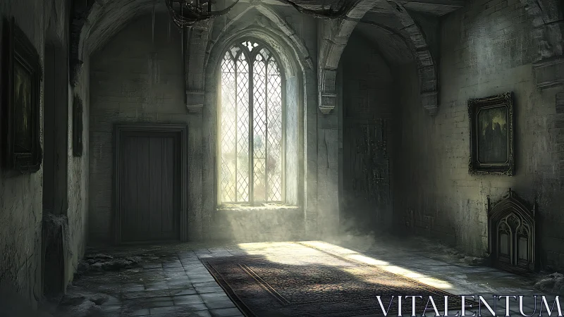 Dusty abandoned stone hall with arched window and rug.