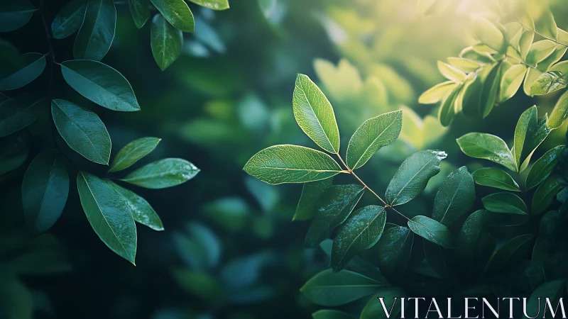 Lush green leaves in soft sunlight, natural photography style.