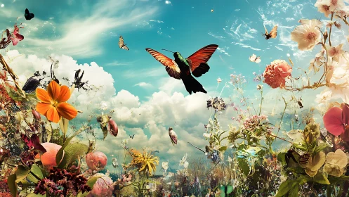 Surreal floral sky tableau with hovering butterfly focal point.