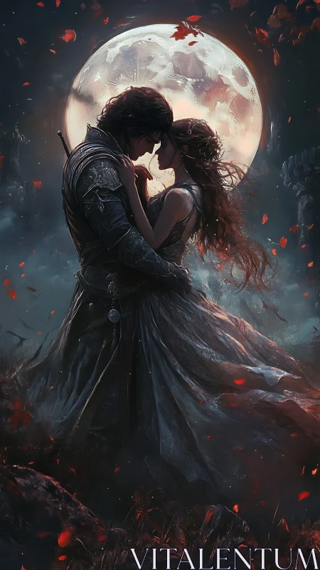 Moonlit Embrace: Dark Fantasy Romantic Composition.