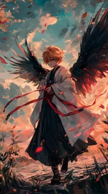 Winged anime figure walks through sunset field with ribbons