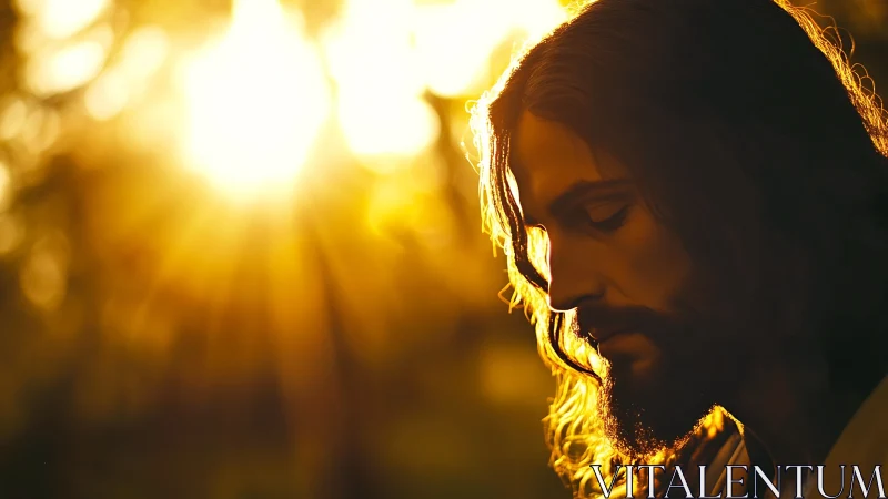 Contemplative man in golden sunlight suggests quiet devotion