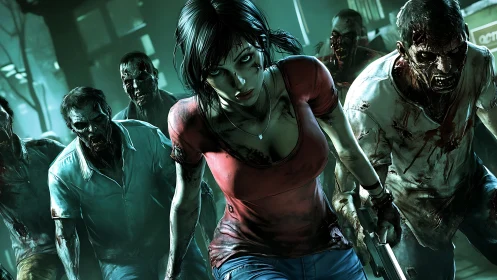 Woman with pistol pushes through bloodied zombie horde