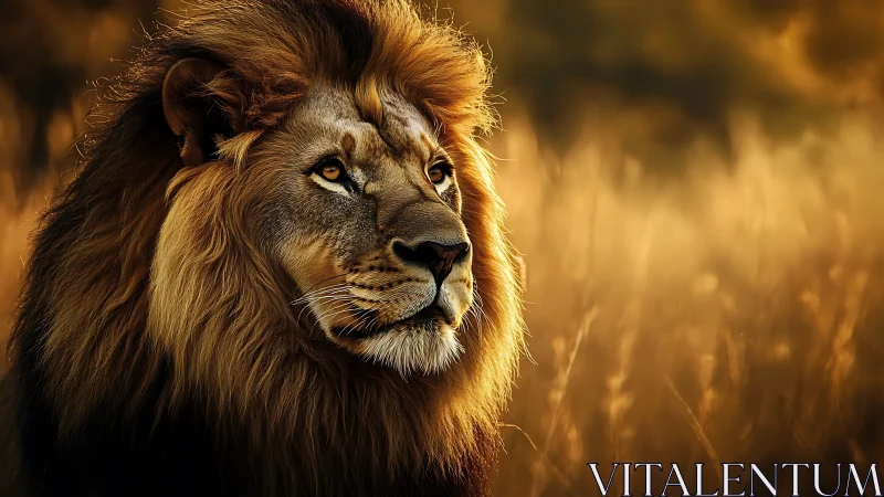 Male lion gazes across golden savanna at warm sunset