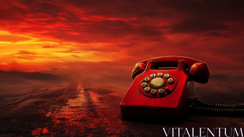 Vintage red rotary phone rendered against hyper-saturated sunset sky