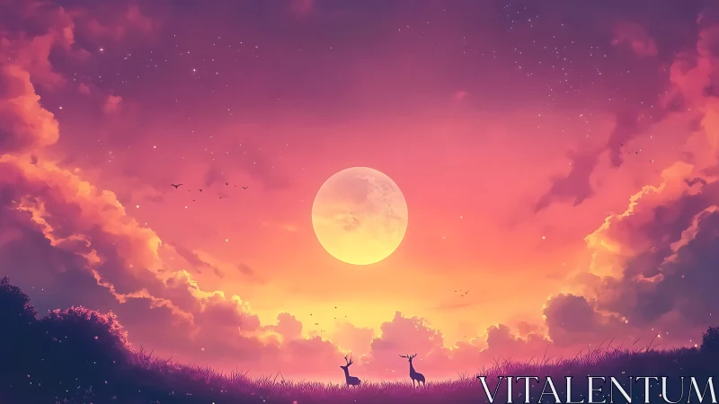 Deer stand in grass below large moon and glowing sunset sky